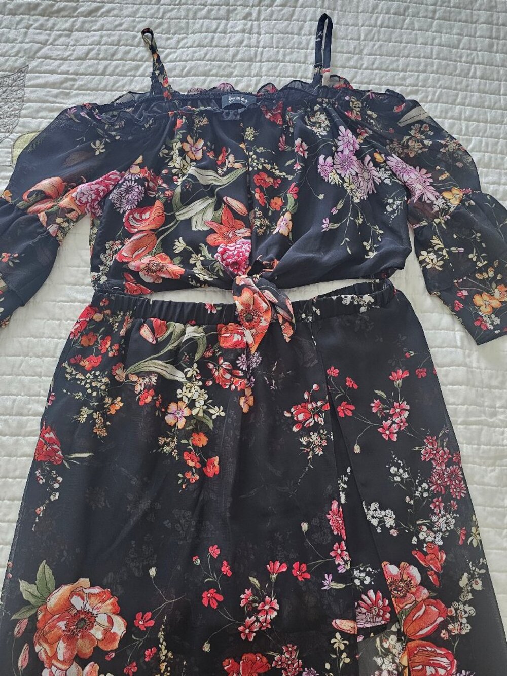 By & By Black Floral Cold Shoulder Crop Top & Maxi Skirt 2 Piece Set